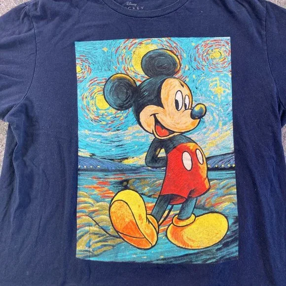 Disney Mickey Mouse Van Gogh's Starry Night Womens Navy Blue T-Shirt Size L - Picture 2 of 8
